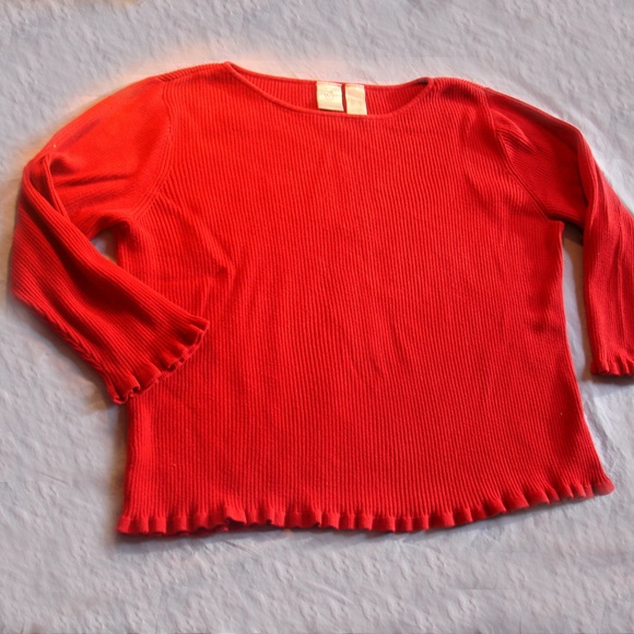 Red Sweater Vintage Cotton Knit Ruffle Edge Trim - Picture 6 of 8
